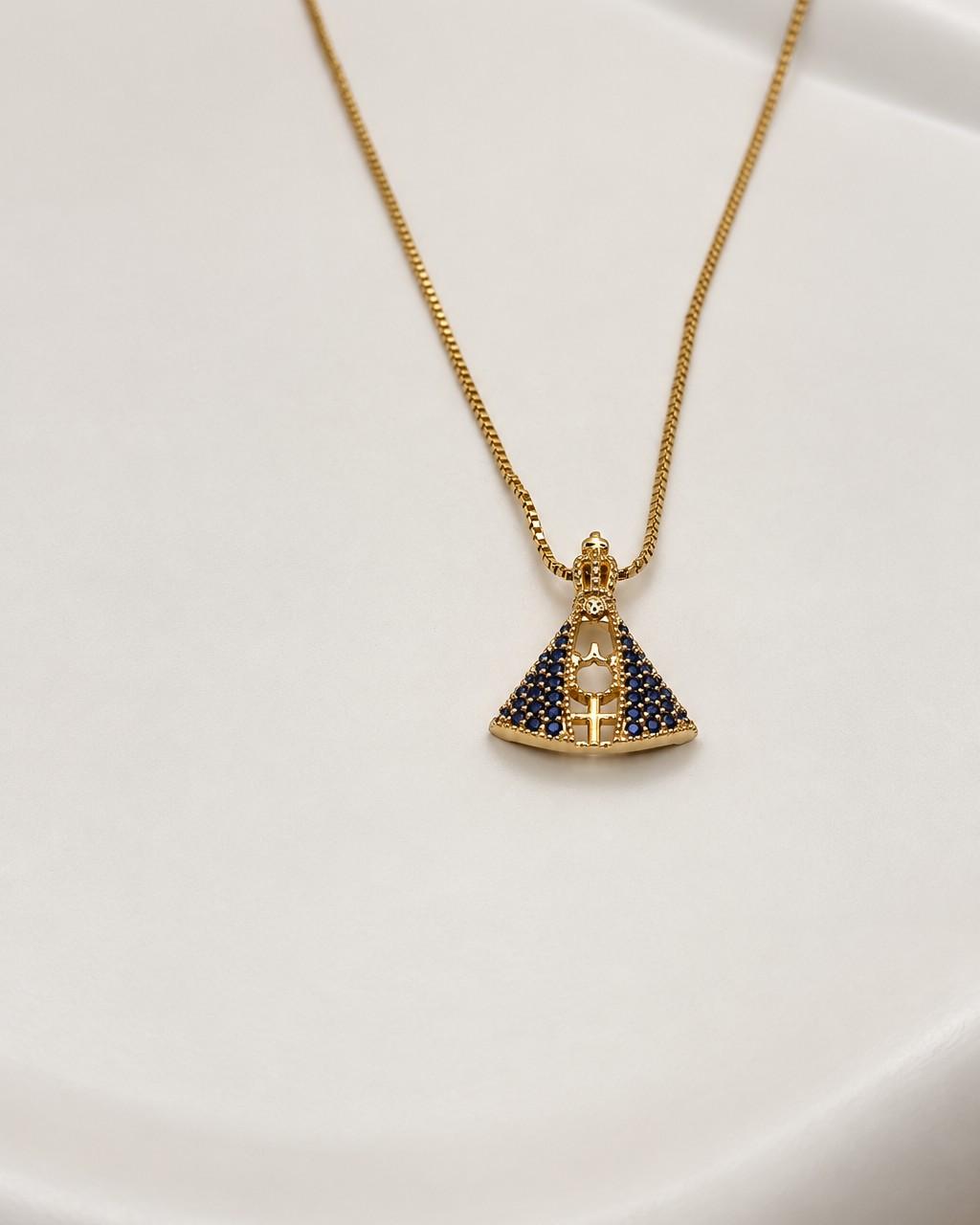 Colar Nossa Senhora Aparecida Cravejado Azul Banhado a Ouro 18k